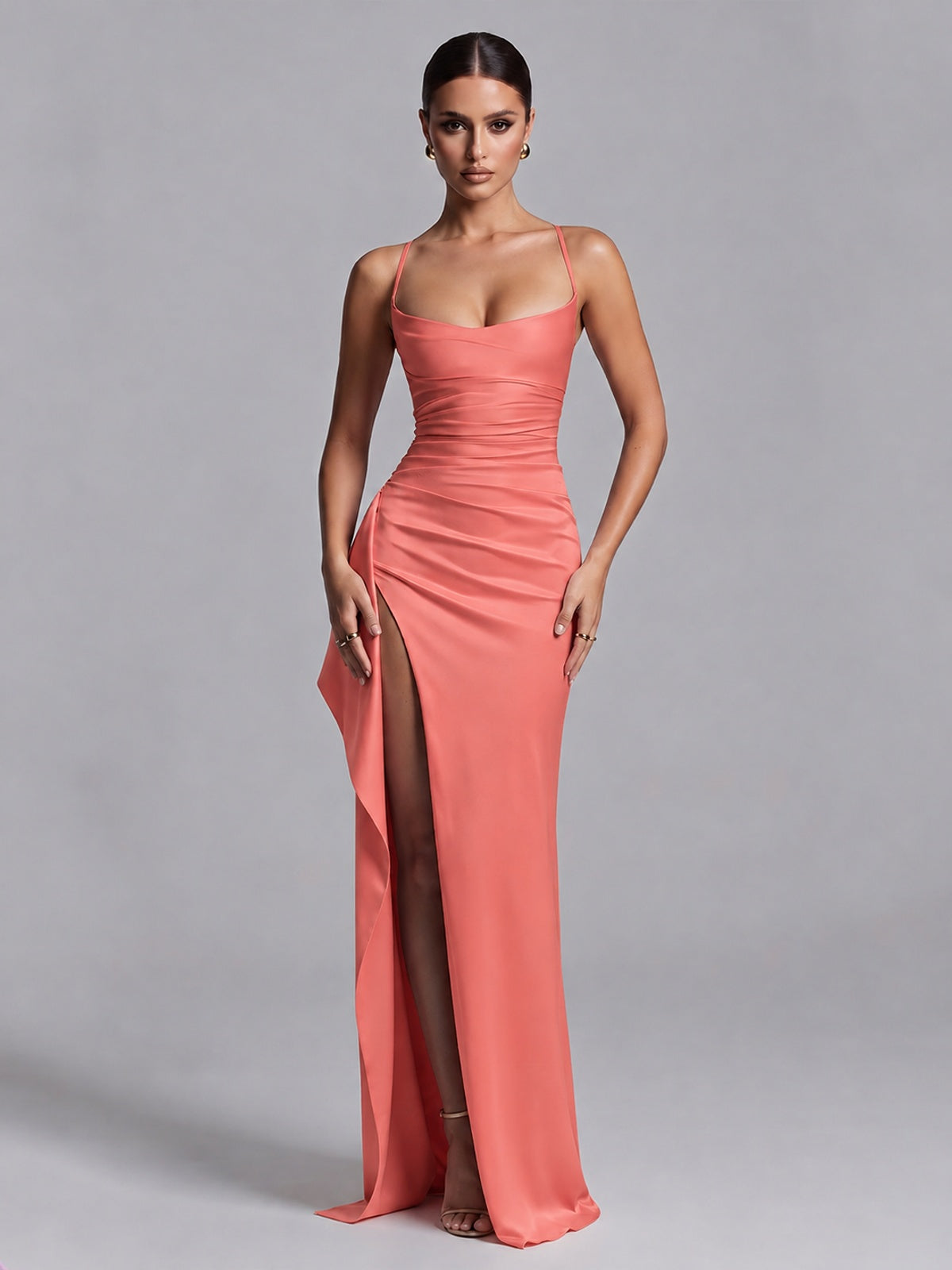 Coral Squre Neck Pleated Satin Prom Dresses for Teens Women Long Evening Formal Gown with Slit Ruffles