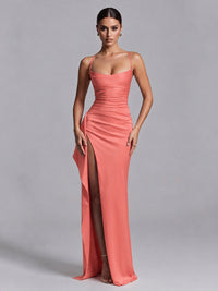 Coral Squre Neck Pleated Satin Prom Dresses for Teens Women Long Evening Formal Gown with Slit Ruffles