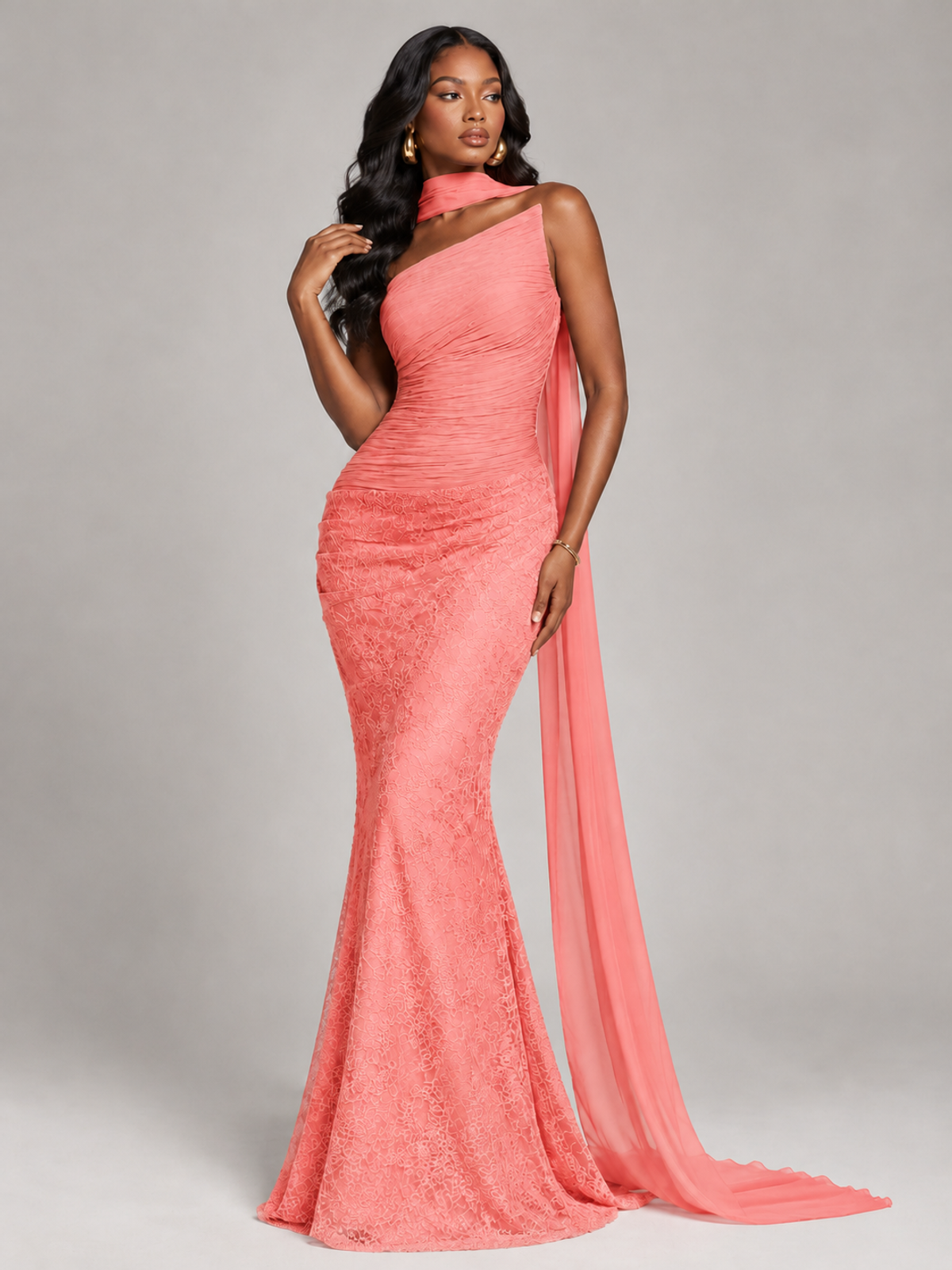 Pleated Chiffon Lace Prom Dresses Long Bodycon Mermaid with Scarf