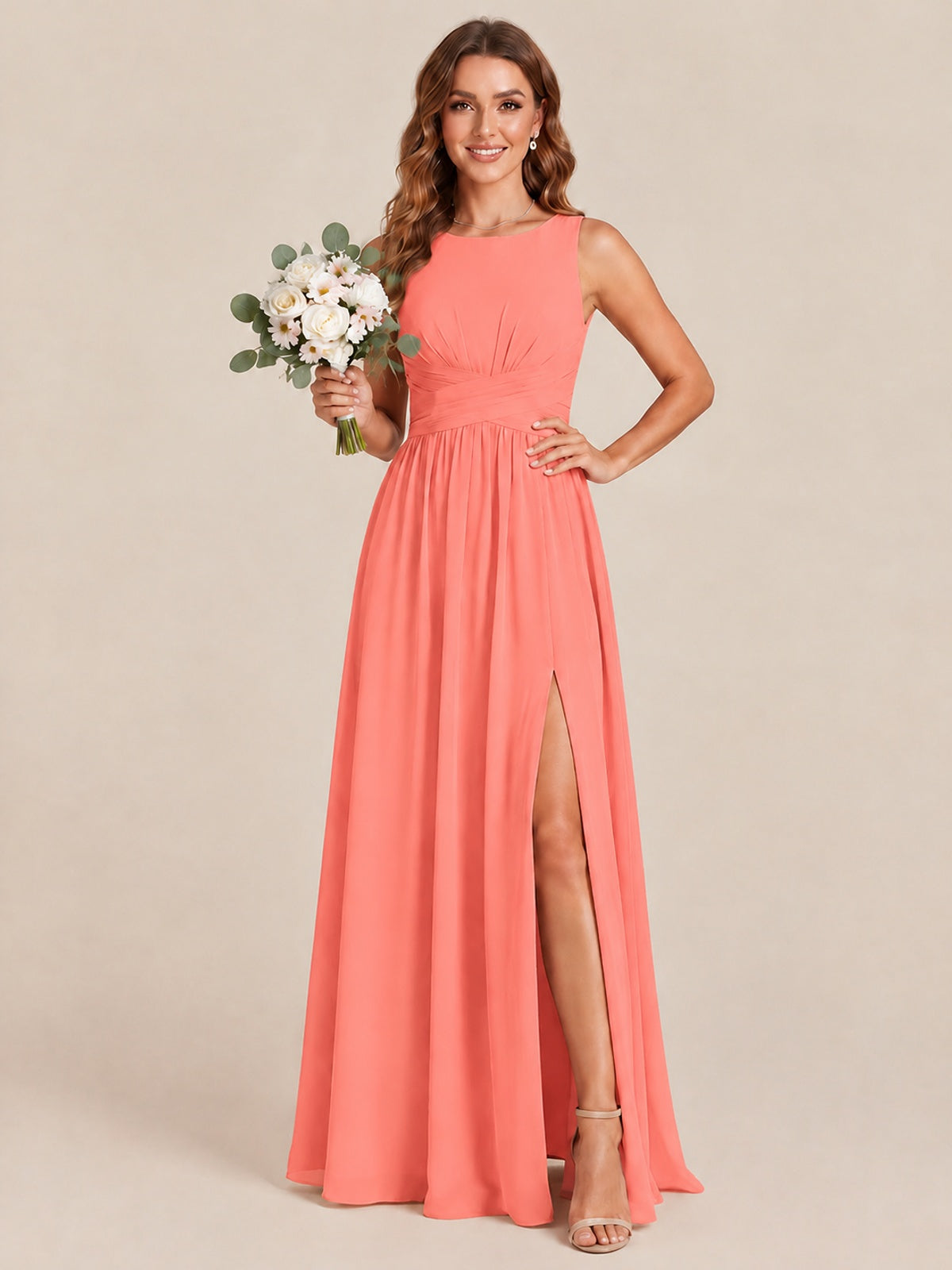 A-line Sleeveless Rucehd Chiffon Bridesmaid Dress with High Slit