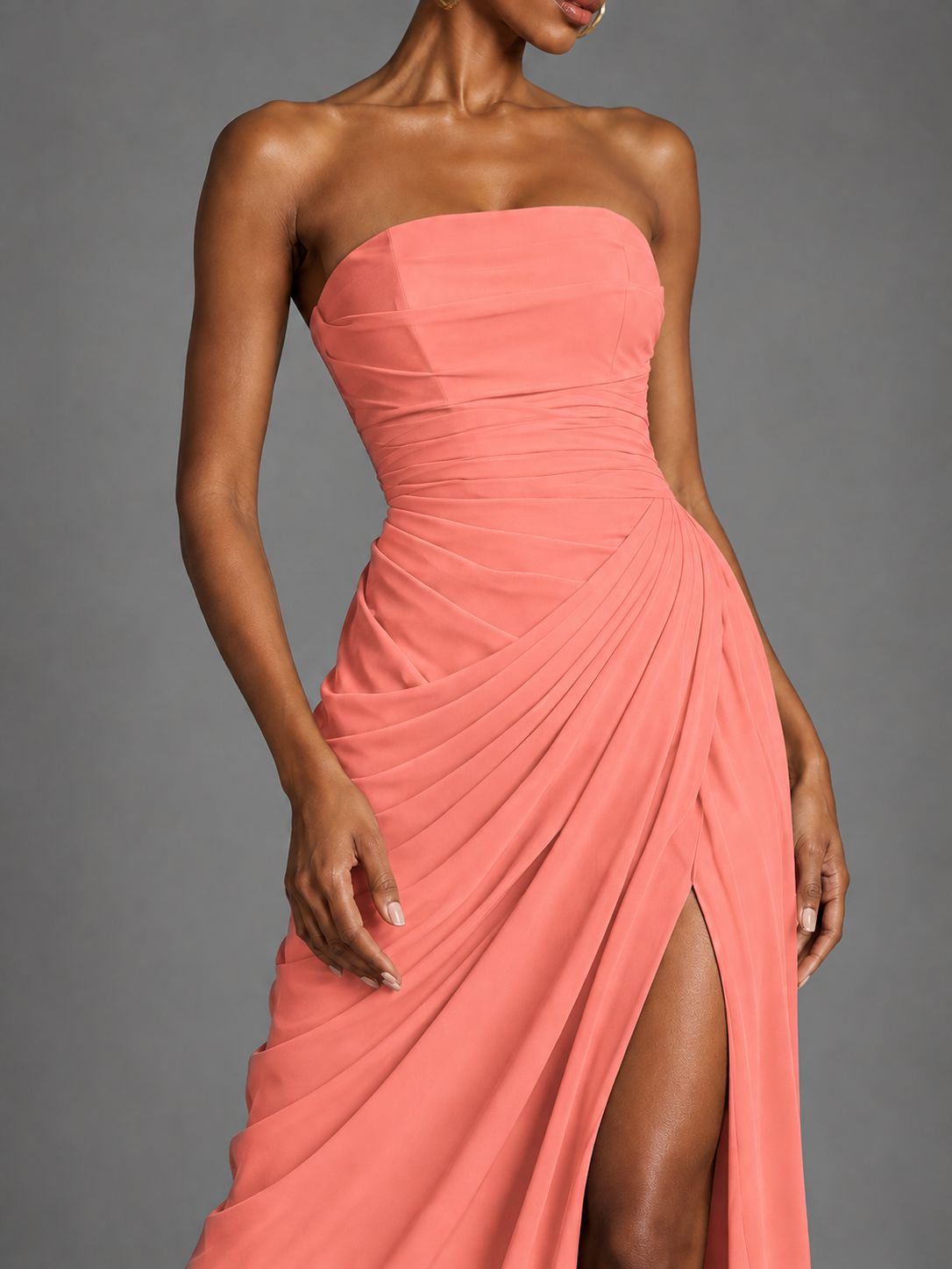 Strapless Bodycon Pleated Chiffon Formal Dress with Slit