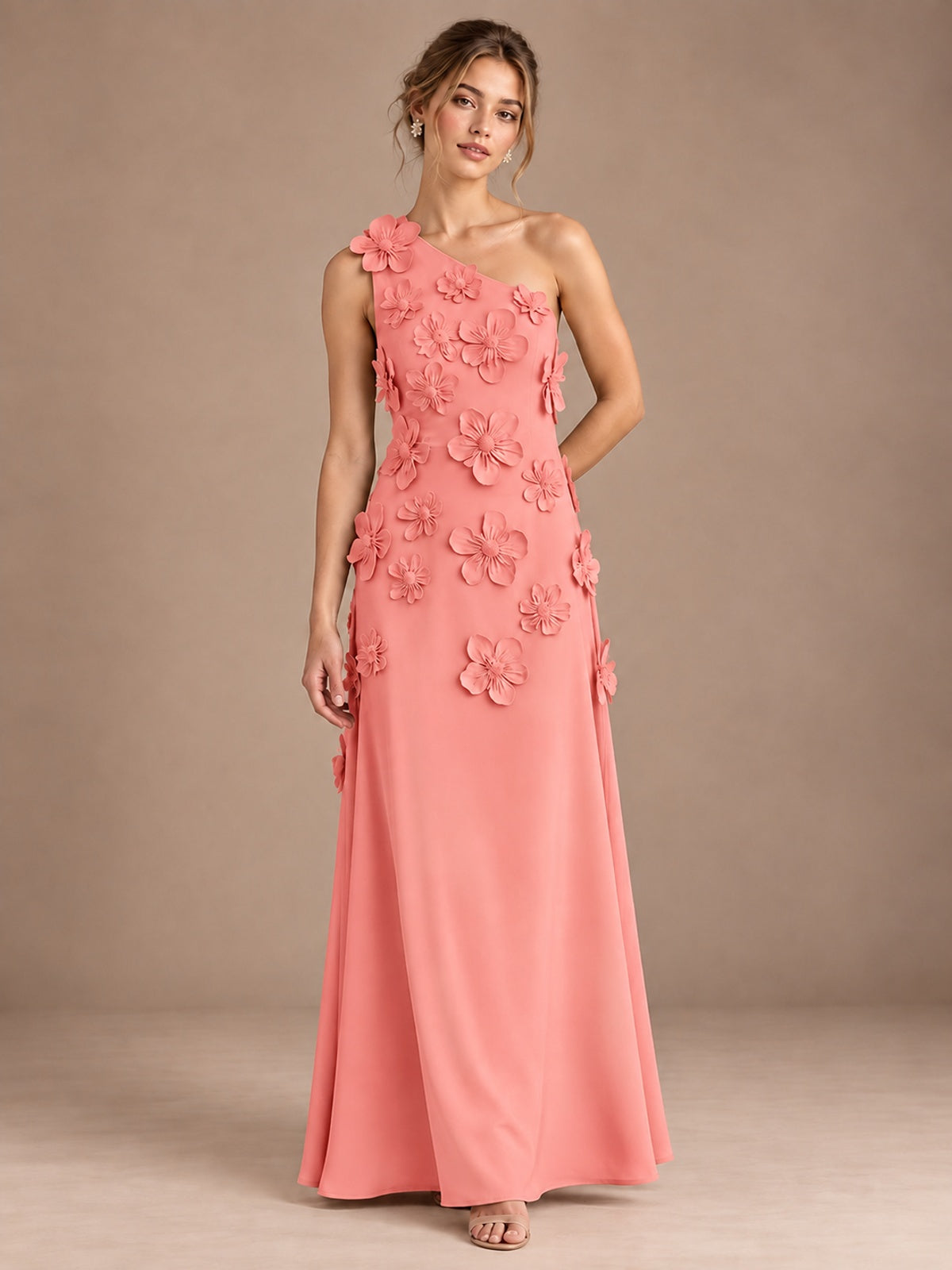 Coral- One Shoulder Satin Formal Maxi Dress with 3D Floral