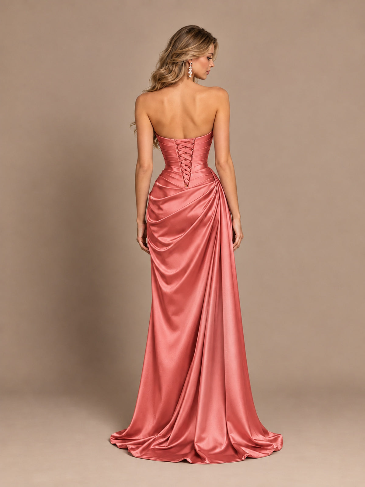 Dusty Blue Strapless Satin Prom Dress with Ruched Bodice and Slit