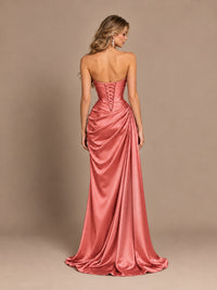 Dusty Blue Strapless Satin Prom Dress with Ruched Bodice and Slit