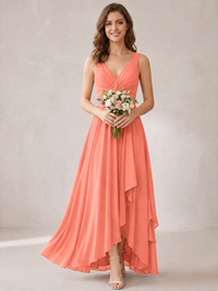 V-Neck High-Low Chiffon Bridesmaid Dress with Ruffles