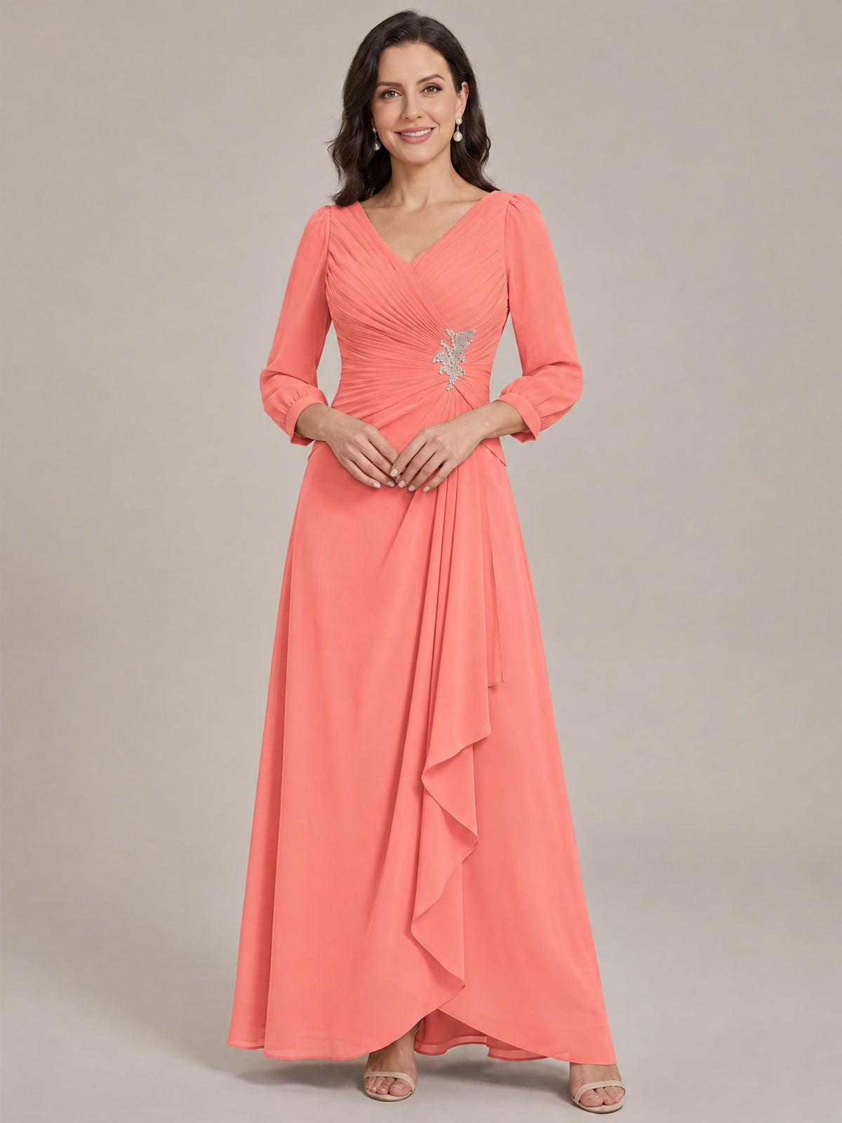 Coral-Long Sleeve Chiffon Beaded Mother of The Bride Dresses for Women