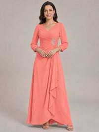 Coral-Long Sleeve Chiffon Beaded Mother of The Bride Dresses for Women