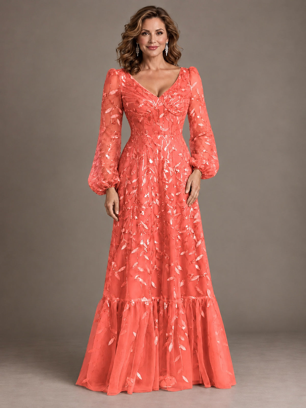 Floral Sequin Embroidered A-Line Mother of the Bride Dress with Long Sleeves