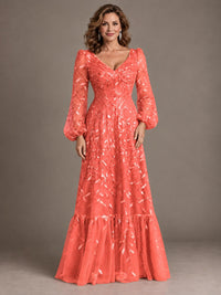 Floral Sequin Embroidered A-Line Mother of the Bride Dress with Long Sleeves