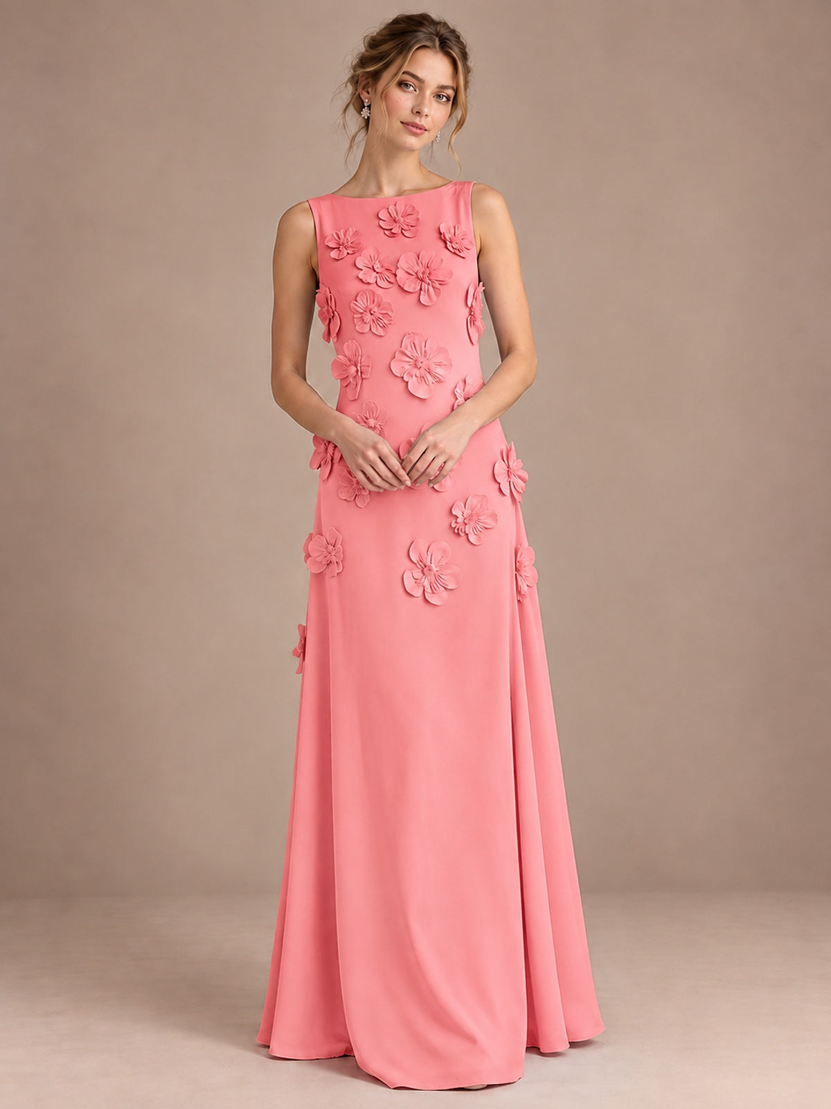 3D Floral Applique Sleeveless Formal Maxi Dress