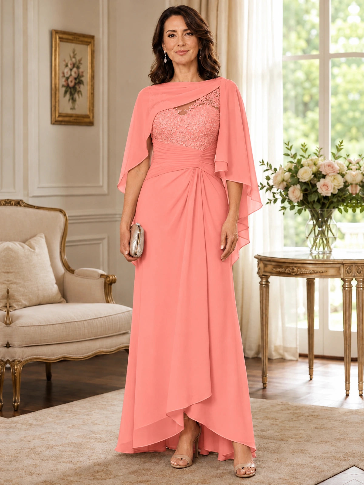 Elegant Chiffon Mother of the Bride Dress with Lace Applique and Cape Sleeves