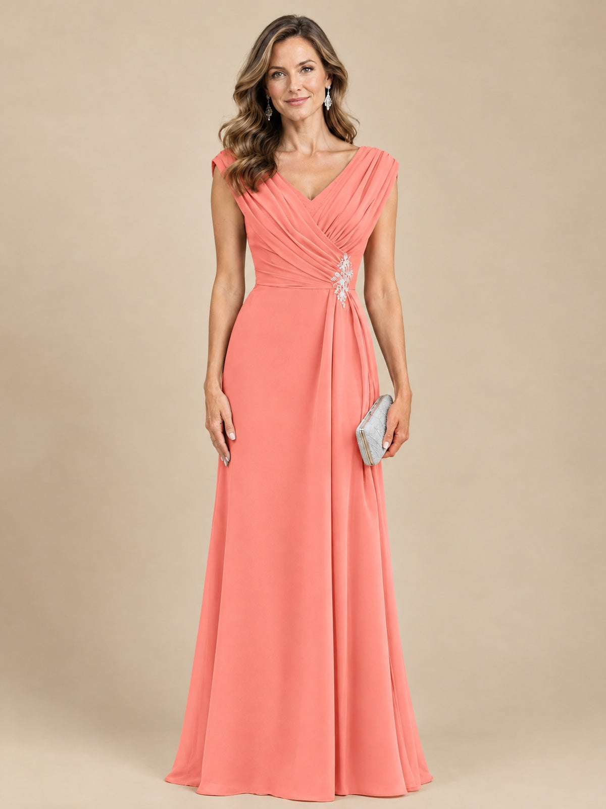V Neck Pleated Mother of The Bride Dresses with Beading Cap Sleeves