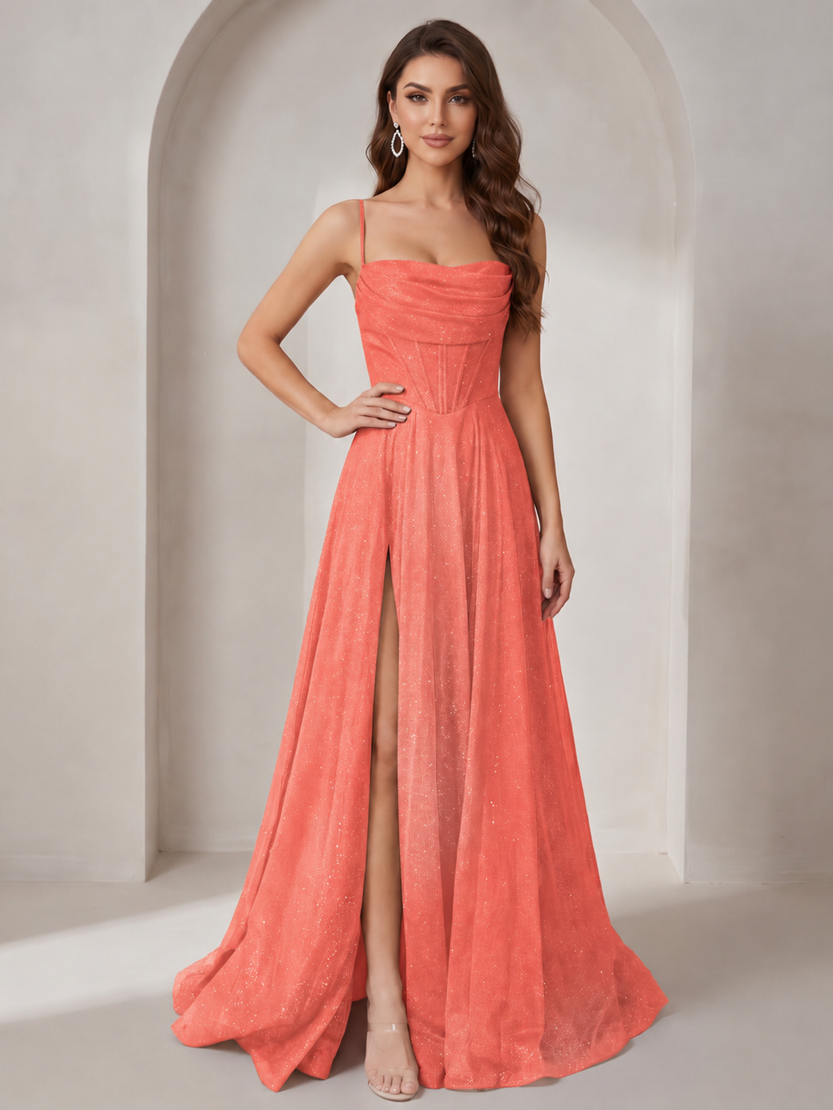 Sparkly Cowl Neck Corset Long Prom Dress with Slit A-line Tulle Ball Gown