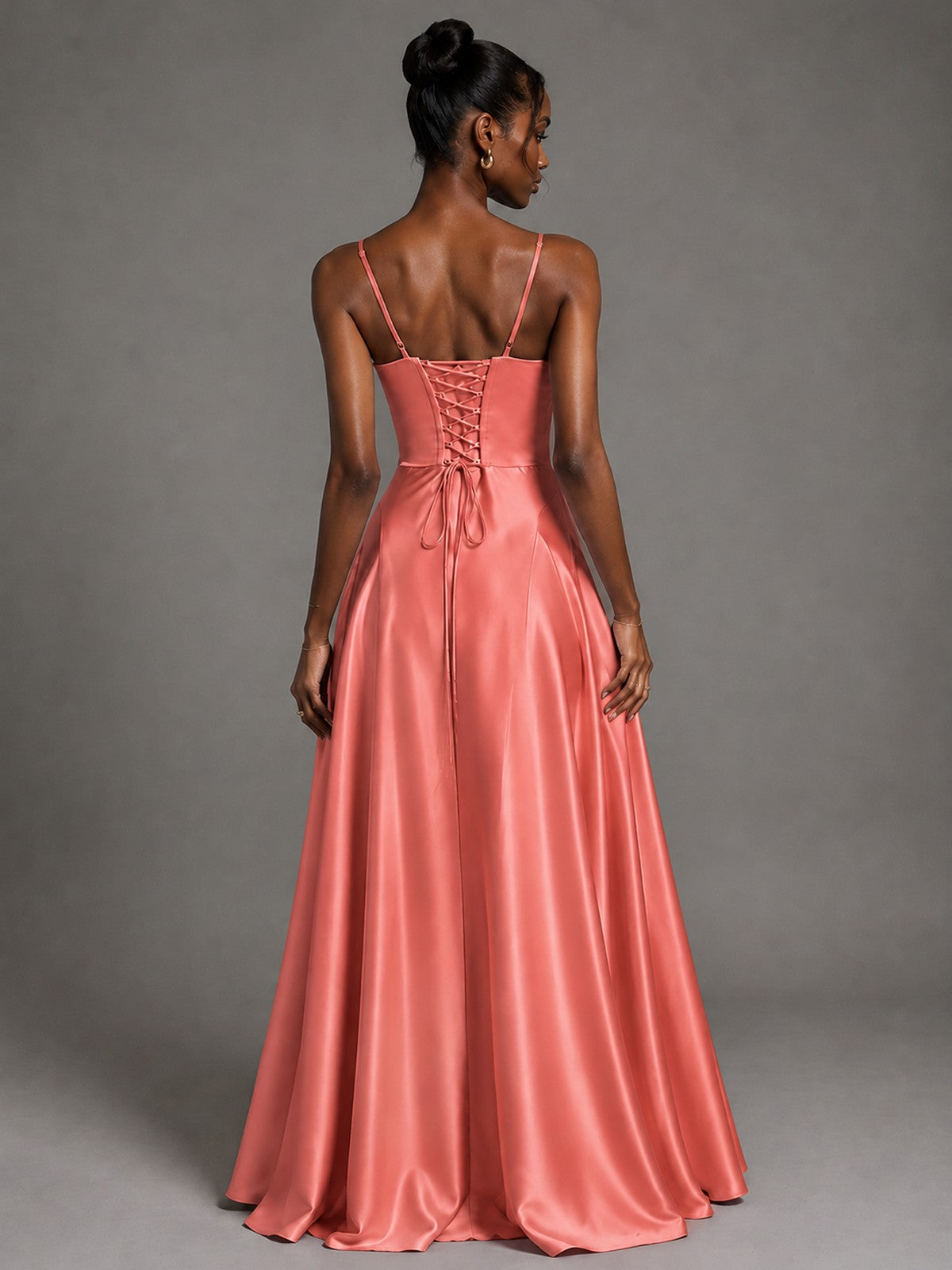Lavender V Neck Satin Prom Dress with Spaghetti Straps