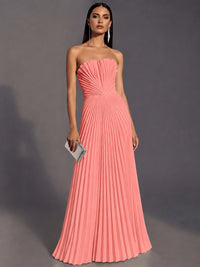 Coral Strapless Pleated Satin Prom Dress Long Formal Gown Evening Dress