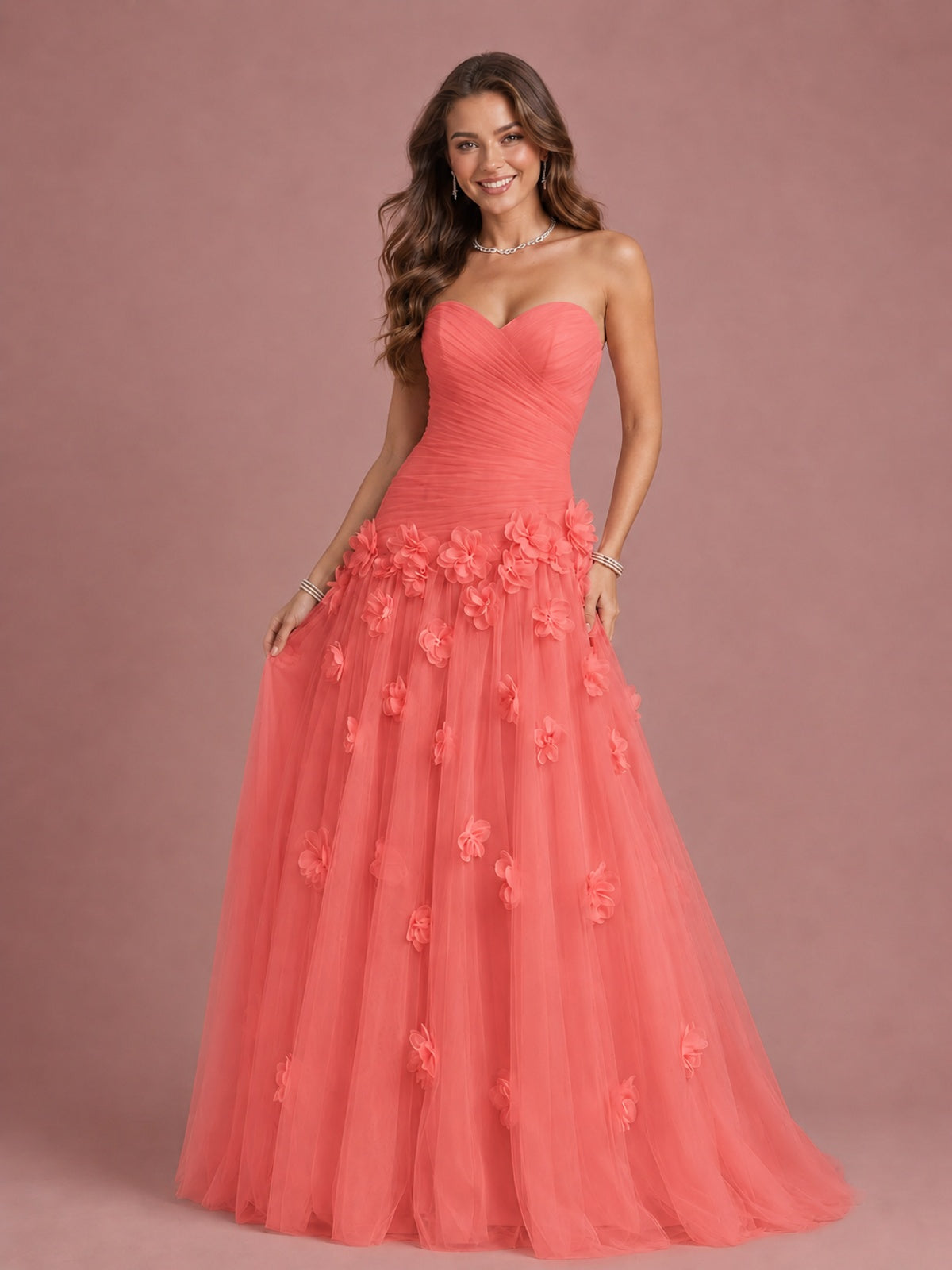 Blush Pink Strapless Sweetheart 3D Floral Tulle Ball Gown Prom Dres
