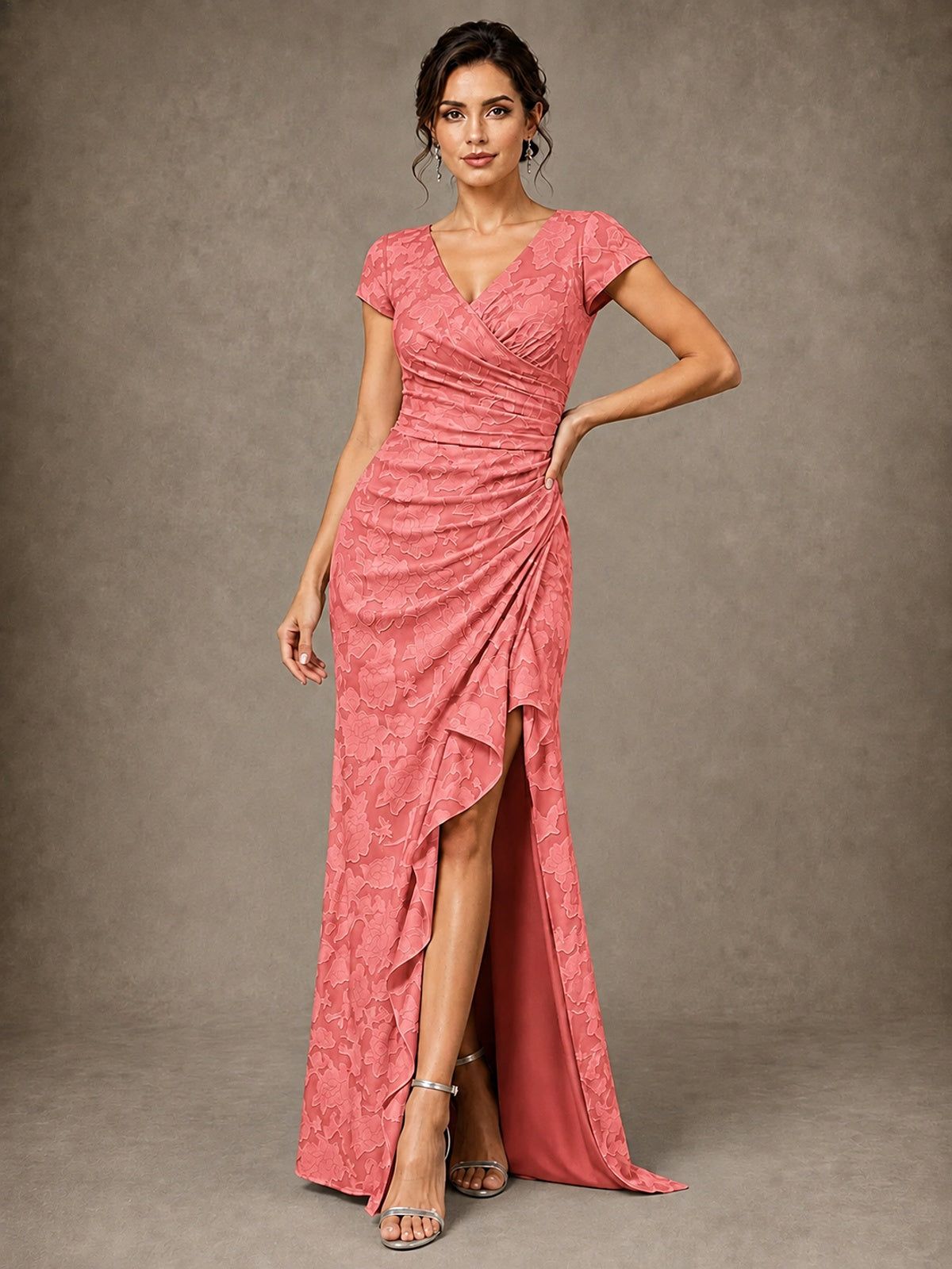 V-Neck Floral Jacquard Mother of the Bride Dress with Slit