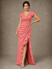 V-Neck Floral Jacquard Mother of the Bride Dress with Slit