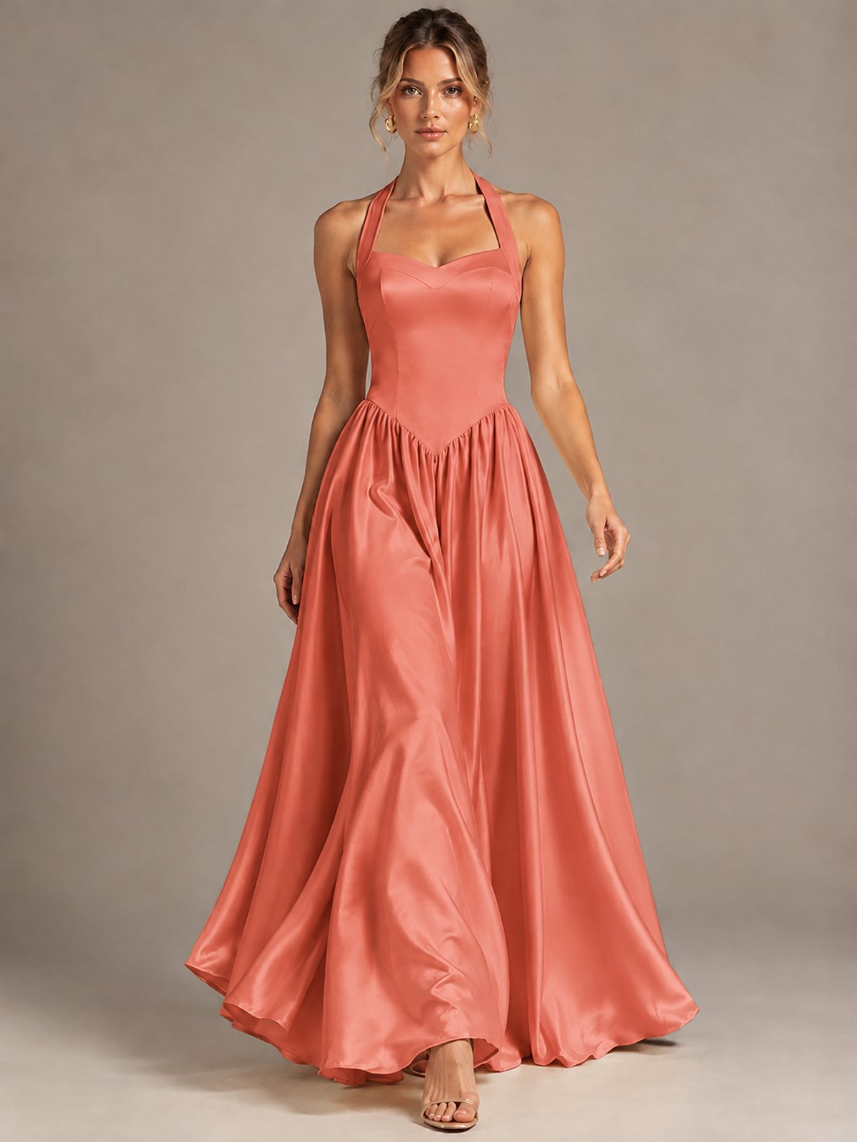 Light Yellow Halter Neck Satin A-Line Maxi Dress with Pockets