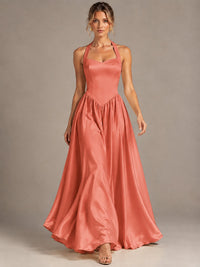 Light Yellow Halter Neck Satin A-Line Maxi Dress with Pockets