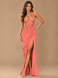 Sweetheart Halter Prom Dress Pleated Lace Floral Formal Dress with Slit