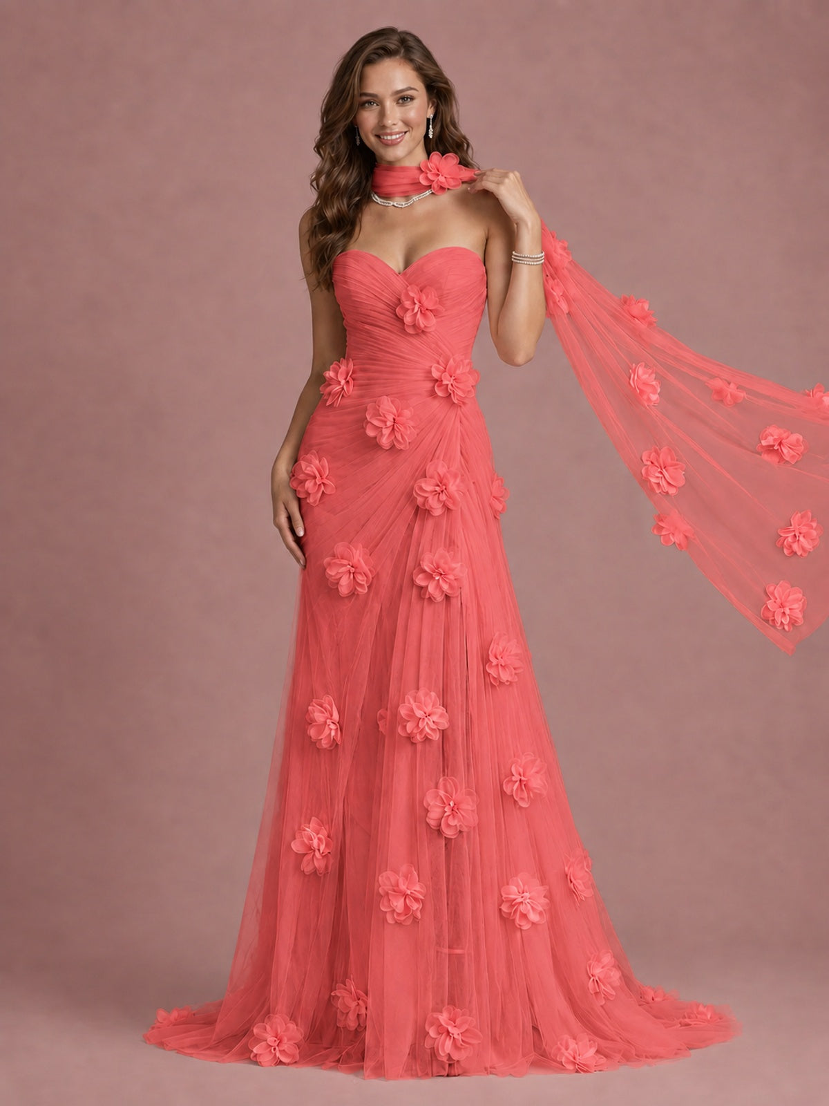 Blush Pink Strapless Sweetheart 3D Floral Tulle Mermaid Prom Dress