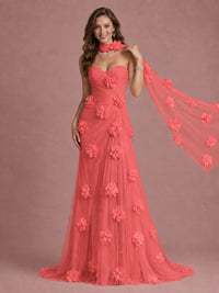 Blush Pink Strapless Sweetheart 3D Floral Tulle Mermaid Prom Dress