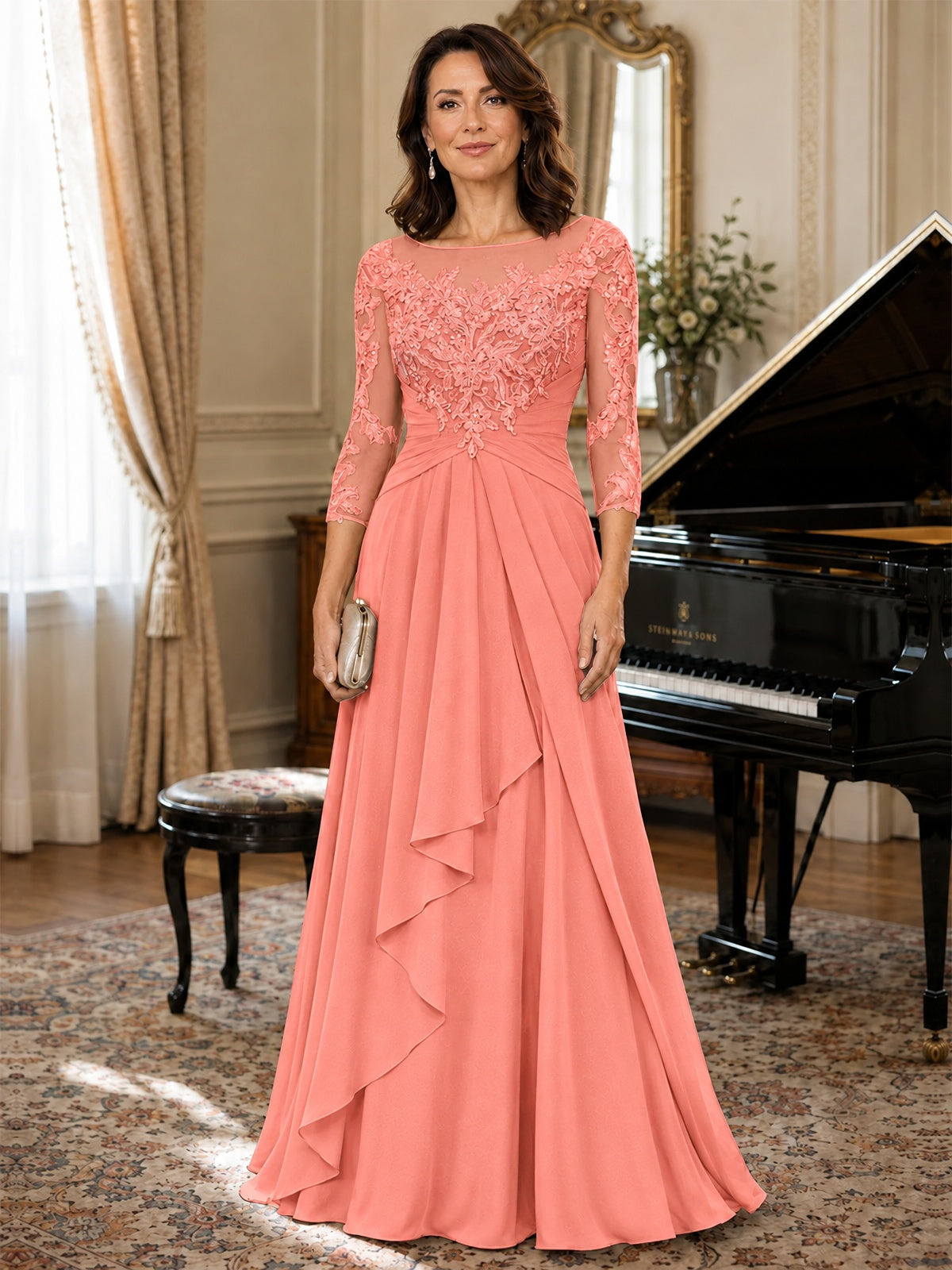 A-Line Chiffon Mother of the Bride Dress with Floral Applique 3/4 Sleeves