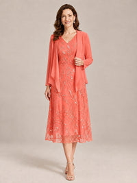 Coral-2 Piece Lace Appliques Chiffon Mother of The Bride Dress with Sequin