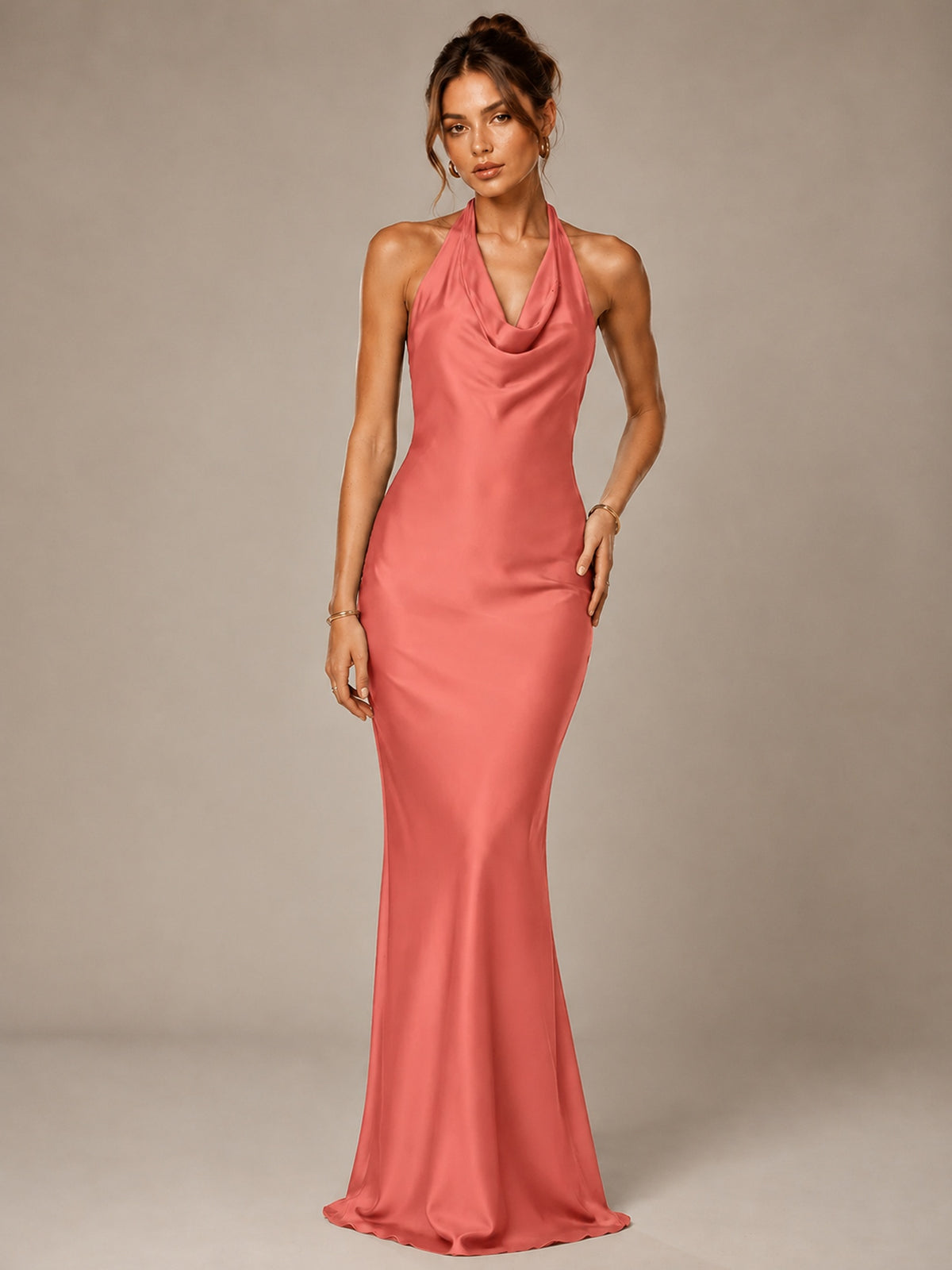 Olive Green Halter Satin Mermaid Maxi Dress