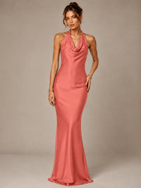 Olive Green Halter Satin Mermaid Maxi Dress