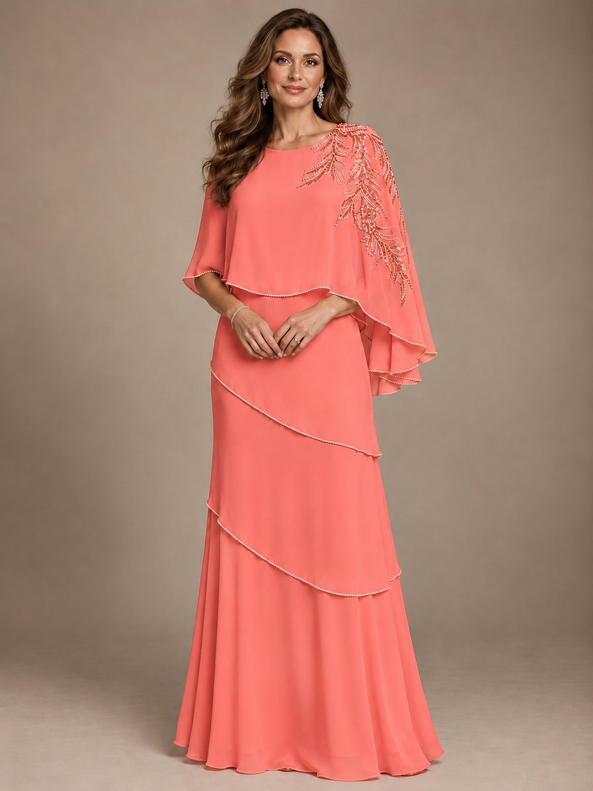 Elegant Chiffon Cape Sleeve Beaded Mother of the Bride Dress