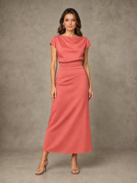 Cowl Neck Satin Mother of the Bride Dress with Ruched Waist