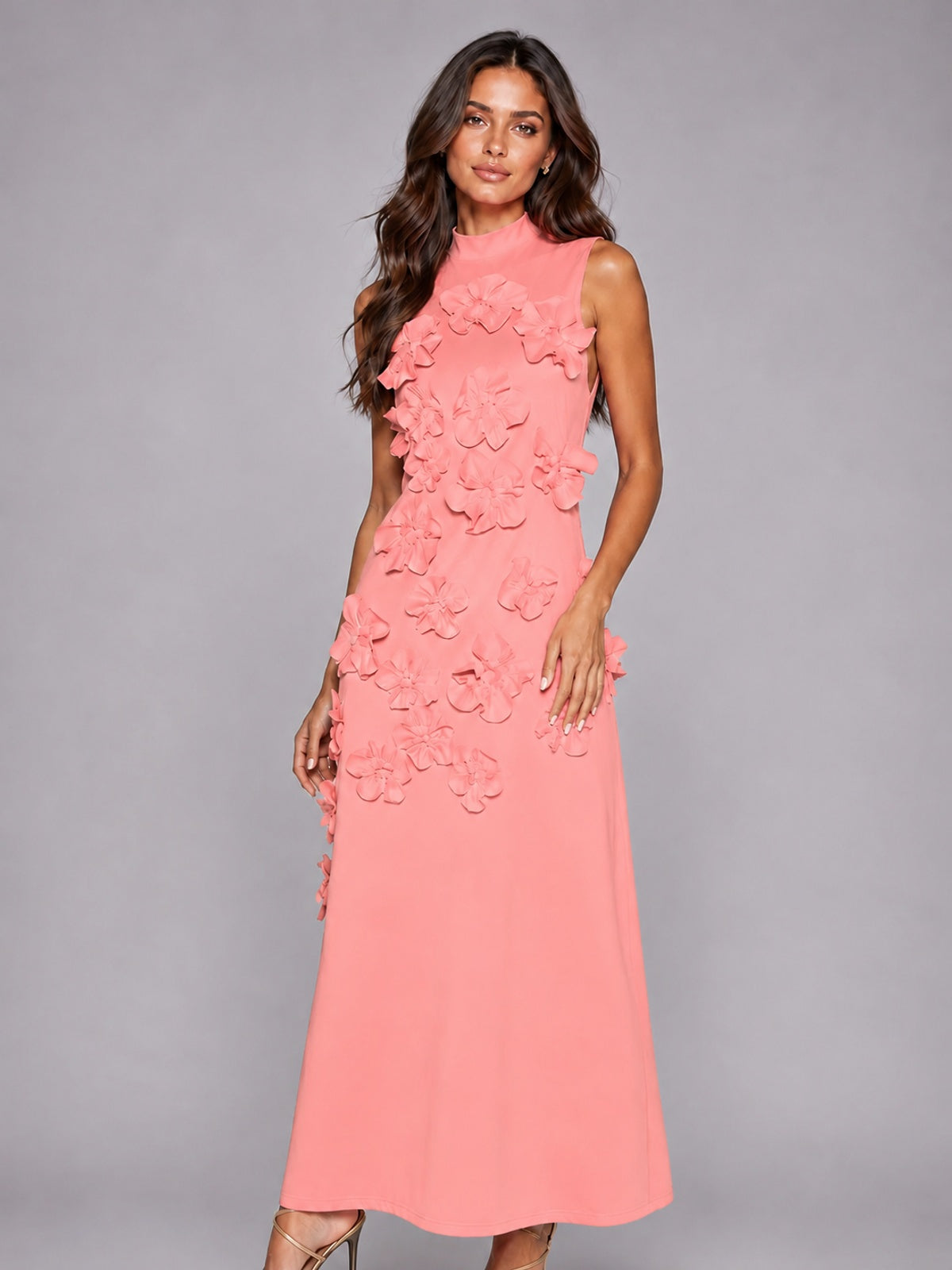 3D Floral Applique High Neck Prom Maxi Dress