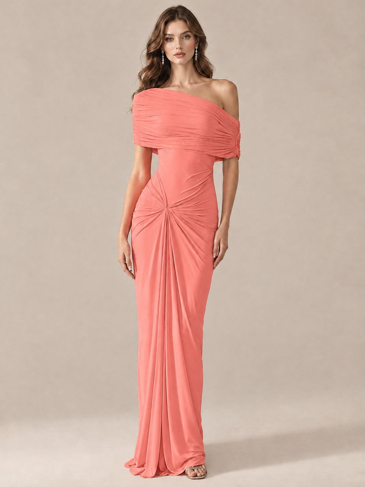 Elegant Draped Off Shoulder Ruched Mermaid Chiffon Formal Evening Gown