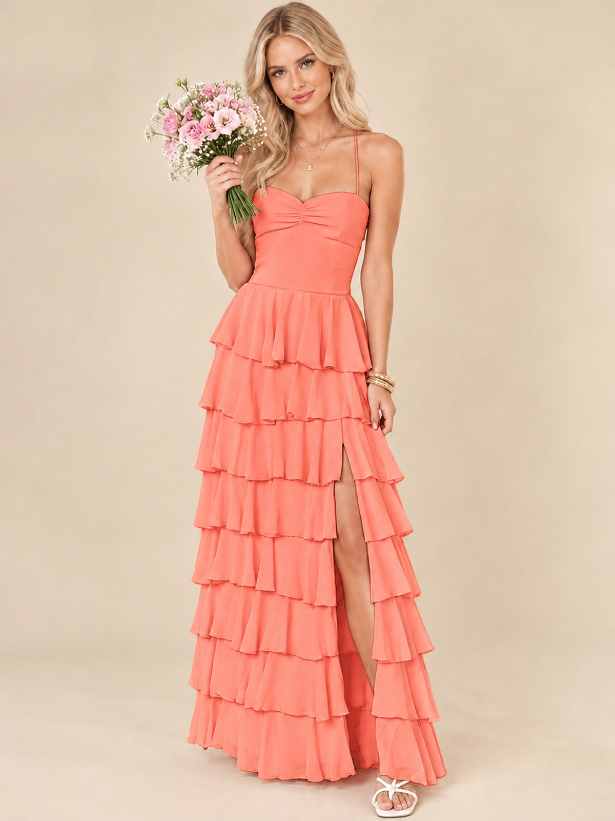 Ruffled Tiered Chiffon Prom Dress Spaghetti Straps Formal Maxi Dress with Slit