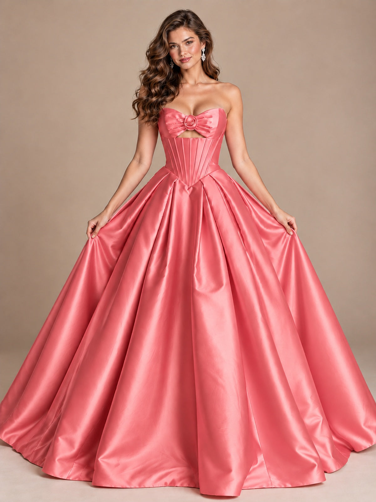 Pink Strapless Corset Satin Prom Derss & Ball Gown with 3D Floral