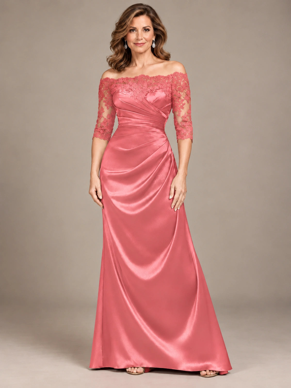 Satin Mother of the Bride Dress with Lace Sleeves Off Shoulder Formal Gown