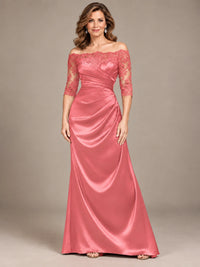Satin Mother of the Bride Dress with Lace Sleeves Off Shoulder Formal Gown