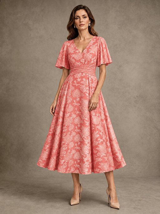 V-Neck Floral Jacquard Tea-Length Mother of the Bride Dress