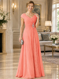 Pleated Chiffon Lace Mother of The Bride Dresses with Beading Cap Sleeves