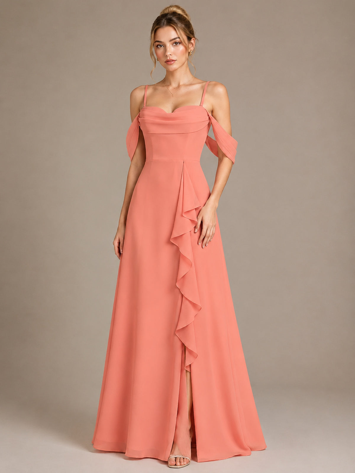 Spaghetti Strap Chiffon Bridesmaid Dress with Ruffles Slit