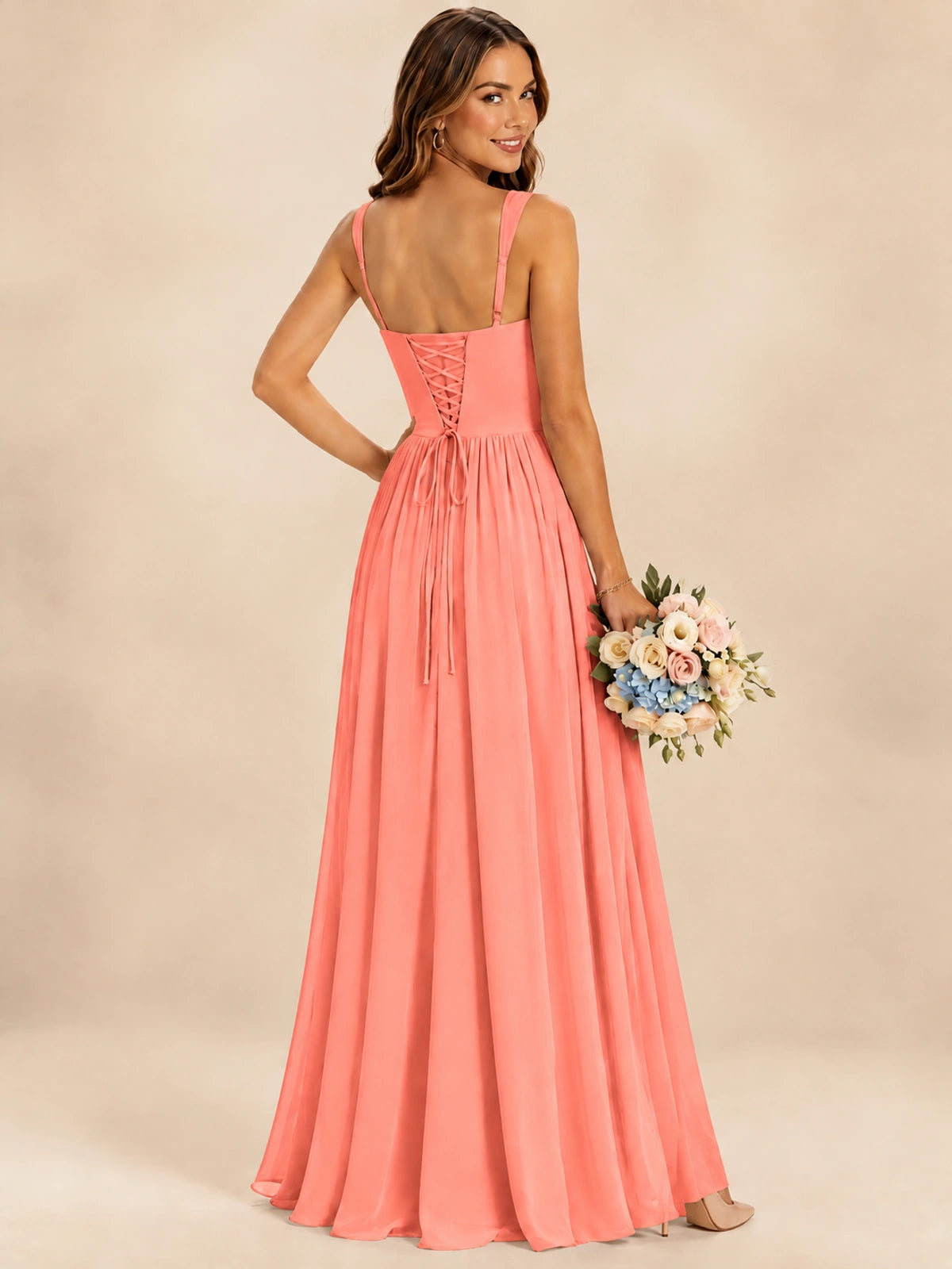Spaghetti Straps Pleated Chiffon Bridesmaid Dress with Ruffle Slit