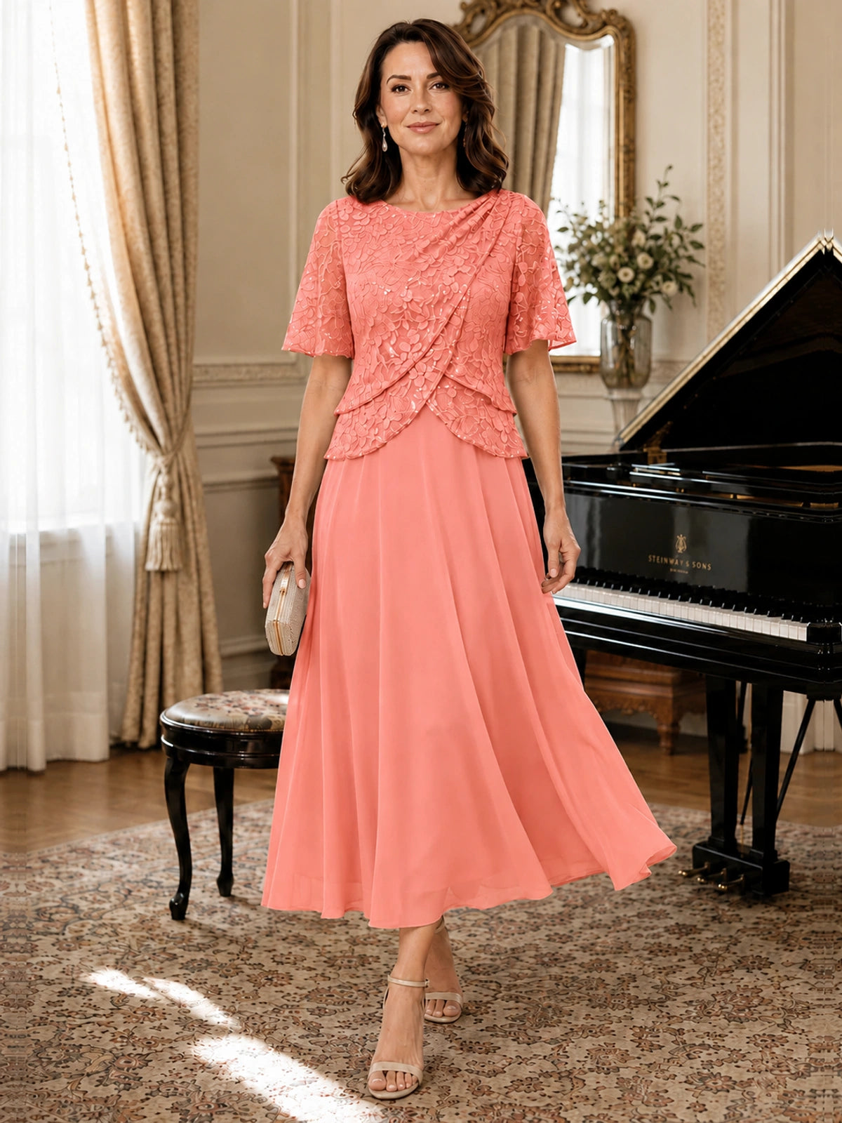 Tea-Length Chiffon Mother of the Bride Dress with Sequin Lace Sleeves