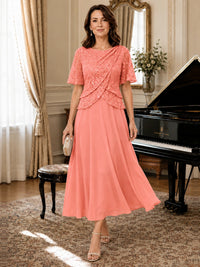 Tea-Length Chiffon Mother of the Bride Dress with Sequin Lace Sleeves