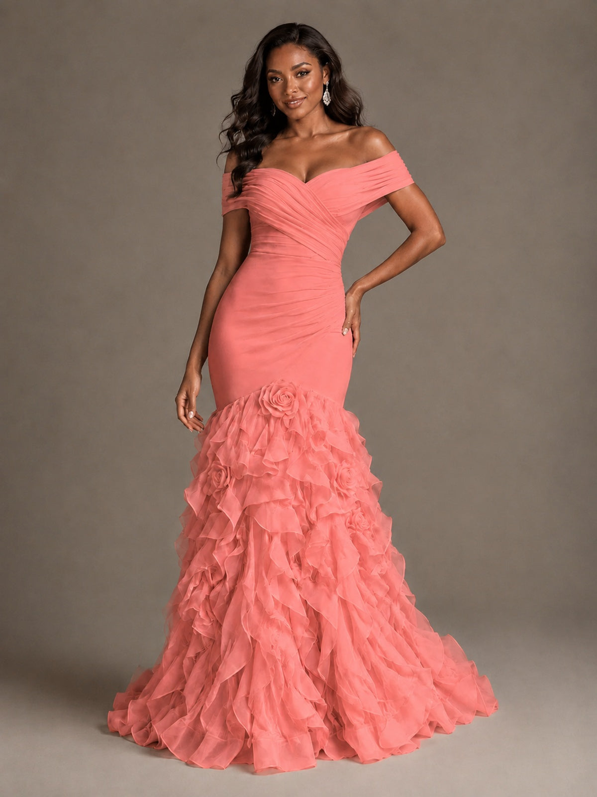 Pink Off-the-Shoulder Mermaid Prom Dress with Ruffles 3D Flowers