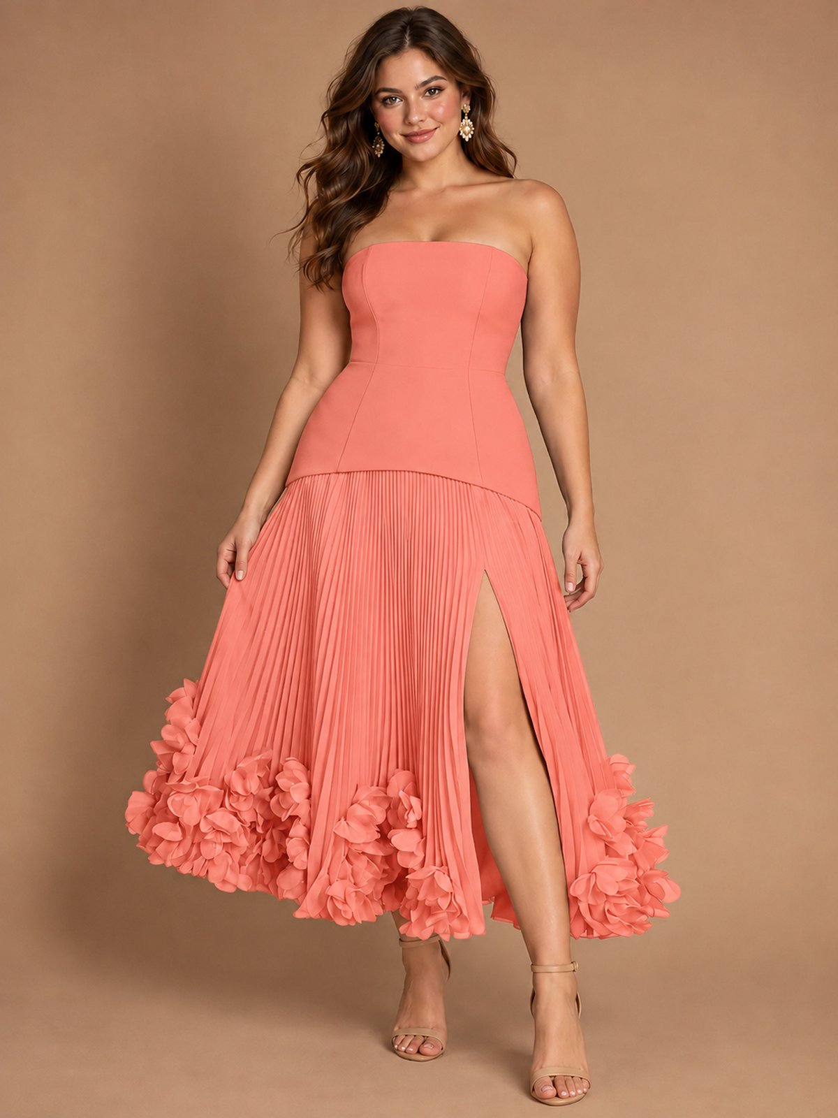 Navy Blue Strapless Pleated A-Line Midi Dress with 3D Floral Applique