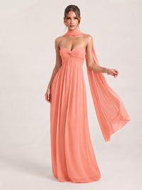 Coral Strapless Ruched Chiffon Long Prom Dress with Scarf A-line Sweetheart Ruffled Formal Wedding Guest Dress Evening Gown