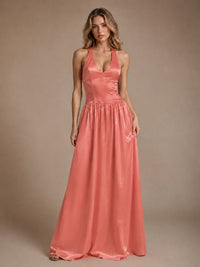 Pink V Neck Halter Satin Maxi Dress