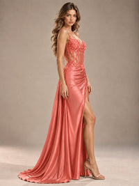 Mermaid Satin Prom Dress with Floral Appliqué Corset and High Slit